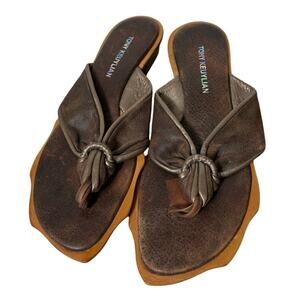 Vtg 90s Y2K Tony Keuylian EU 36 US 6 Brown Leather Thong Sandals Leaf Cut RARE